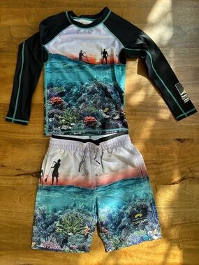 Molo Neal Ocean Explore - Kids Swim Set - Turquoise, Black, Coral SUP motif